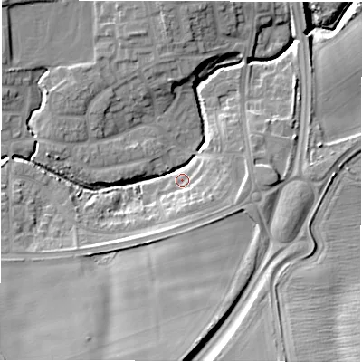 Shaded relief map of the ground around NE237BG, computed from Environment Agency LiDAR. The ground here sits at about 48 m above sea level and falls 20 m across the surrounding 800 m. Surface water reaching this point runs off ground lying to the south, 16.6 m higher.