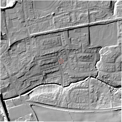 Shaded relief map of the ground around NE237DF, computed from Environment Agency LiDAR. The ground here sits at about 51 m above sea level and falls 16 m across the surrounding 800 m. Surface water reaching this point runs off ground lying to the west-north-west, 4.5 m higher.