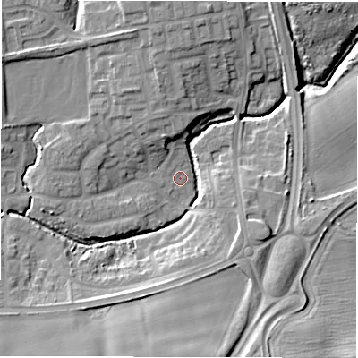 Shaded relief map of the ground around NE237DN, computed from Environment Agency LiDAR. The ground here sits at about 47 m above sea level and falls 15 m across the surrounding 800 m. Surface water reaching this point runs off ground lying to the west, 7.7 m higher.