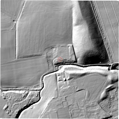 Shaded relief map of the ground around NE237DZ, computed from Environment Agency LiDAR. The ground here sits at about 42 m above sea level and falls 30 m across the surrounding 800 m. Surface water reaching this point runs off ground lying to the east-north-east, 2.2 m higher.