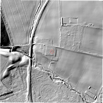 Shaded relief map of the ground around NE237EA, computed from Environment Agency LiDAR. The ground here sits at about 38 m above sea level and falls 27 m across the surrounding 800 m. Surface water reaching this point runs off ground lying to the west-north-west, 0.9 m higher.