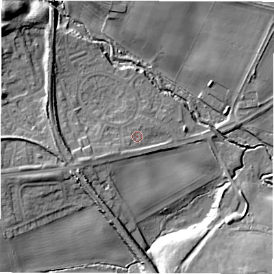Shaded relief map of the ground around NE237EY, computed from Environment Agency LiDAR. The ground here sits at about 34 m above sea level and falls 16 m across the surrounding 800 m. Surface water reaching this point runs off ground lying to the south-west, 3.3 m higher.