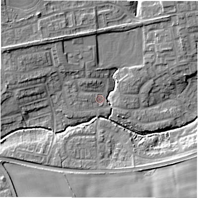 Shaded relief map of the ground around NE237FA, computed from Environment Agency LiDAR. The ground here sits at about 49 m above sea level and falls 12 m across the surrounding 800 m. Surface water reaching this point runs off ground lying to the west-north-west, 9.1 m higher.
