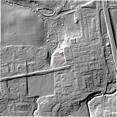 Shaded relief map of the ground around NE237FE, computed from Environment Agency LiDAR. The ground here sits at about 51 m above sea level and falls 13 m across the surrounding 800 m. Surface water reaching this point runs off ground lying to the east, 2.8 m higher.