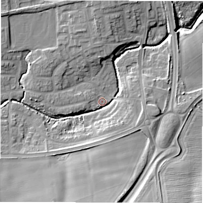 Shaded relief map of the ground around NE237FF, computed from Environment Agency LiDAR. The ground here sits at about 47 m above sea level and falls 19 m across the surrounding 800 m. Surface water reaching this point runs off ground lying to the south, 16.1 m higher.