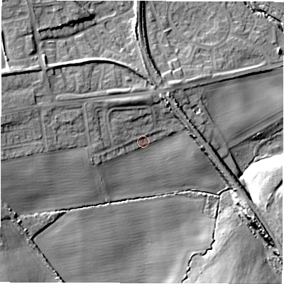 Shaded relief map of the ground around NE237HB, computed from Environment Agency LiDAR. The ground here sits at about 35 m above sea level and falls 14 m across the surrounding 800 m. Surface water reaching this point runs off ground lying to the west, 10.5 m higher.