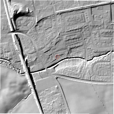 Shaded relief map of the ground around NE237HU, computed from Environment Agency LiDAR. The ground here sits at about 51 m above sea level and falls 18 m across the surrounding 800 m. Surface water reaching this point runs off ground lying to the north-west, 3.2 m higher.