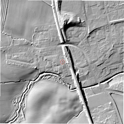 Shaded relief map of the ground around NE237JA, computed from Environment Agency LiDAR. The ground here sits at about 54 m above sea level and falls 16 m across the surrounding 800 m. Surface water reaching this point runs off ground lying to the north-north-east, 5.9 m higher.