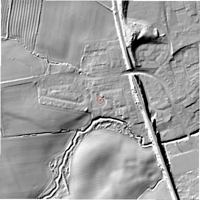 Shaded relief map of the ground around NE237JD, computed from Environment Agency LiDAR. The ground here sits at about 53 m above sea level and falls 16 m across the surrounding 800 m. Surface water reaching this point runs off ground lying to the east-north-east, 8.4 m higher.