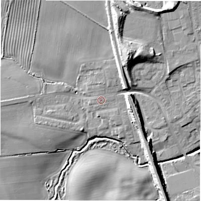 Shaded relief map of the ground around NE237JE, computed from Environment Agency LiDAR. The ground here sits at about 54 m above sea level and falls 16 m across the surrounding 800 m. Surface water reaching this point runs off ground lying to the north-north-west, 0.7 m higher.