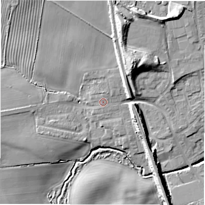 Shaded relief map of the ground around NE237JF, computed from Environment Agency LiDAR. The ground here sits at about 54 m above sea level and falls 16 m across the surrounding 800 m. Surface water reaching this point runs off ground lying to the north-east, 0.8 m higher.