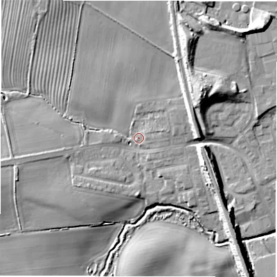 Shaded relief map of the ground around NE237JH, computed from Environment Agency LiDAR. The ground here sits at about 53 m above sea level and falls 15 m across the surrounding 800 m. Surface water reaching this point runs off ground lying to the west-south-west, 8.5 m higher.