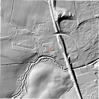 Shaded relief map of the ground around NE237JJ, computed from Environment Agency LiDAR. The ground here sits at about 54 m above sea level and falls 16 m across the surrounding 800 m. Surface water reaching this point runs off ground lying to the east-south-east, 1.7 m higher.