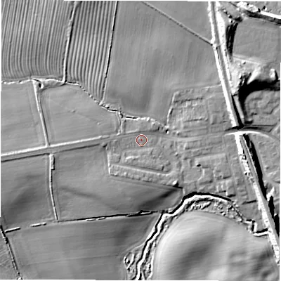 Shaded relief map of the ground around NE237JP, computed from Environment Agency LiDAR. The ground here sits at about 54 m above sea level and falls 14 m across the surrounding 800 m. Surface water reaching this point runs off ground lying to the west-south-west, 6.4 m higher.