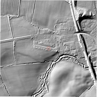 Shaded relief map of the ground around NE237JR, computed from Environment Agency LiDAR. The ground here sits at about 55 m above sea level and falls 14 m across the surrounding 800 m. Surface water reaching this point runs off ground lying to the west, 3.0 m higher.