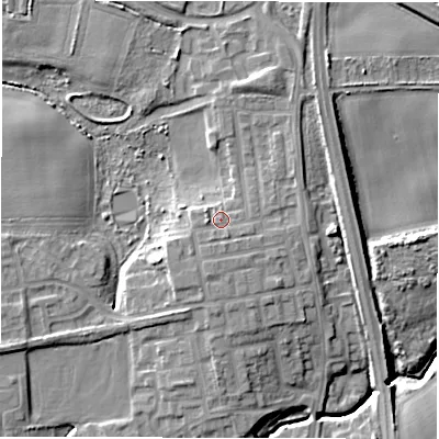 Shaded relief map of the ground around NE237RB, computed from Environment Agency LiDAR. The ground here sits at about 53 m above sea level and falls 12 m across the surrounding 800 m. Surface water reaching this point runs off ground lying to the south-west, 1.6 m higher.