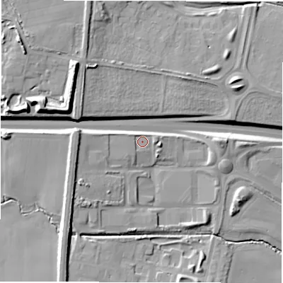 Shaded relief map of the ground around NE237RH, computed from Environment Agency LiDAR. The ground here sits at about 56 m above sea level and falls 19 m across the surrounding 800 m. Surface water reaching this point runs off ground lying to the west, 5.6 m higher.