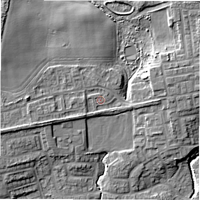 Shaded relief map of the ground around NE237UE, computed from Environment Agency LiDAR. The ground here sits at about 51 m above sea level and falls 13 m across the surrounding 800 m. Surface water reaching this point runs off ground lying to the west, 5.1 m higher.