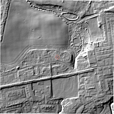 Shaded relief map of the ground around NE237UF, computed from Environment Agency LiDAR. The ground here sits at about 52 m above sea level and falls 13 m across the surrounding 800 m. Surface water reaching this point runs off ground lying to the west-north-west, 5.6 m higher.