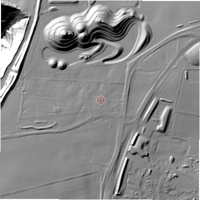 Shaded relief map of the ground around NE238AU, computed from Environment Agency LiDAR. The ground here sits at about 86 m above sea level and falls 132 m across the surrounding 800 m. Surface water reaching this point runs off ground lying to the west, 1.0 m higher.