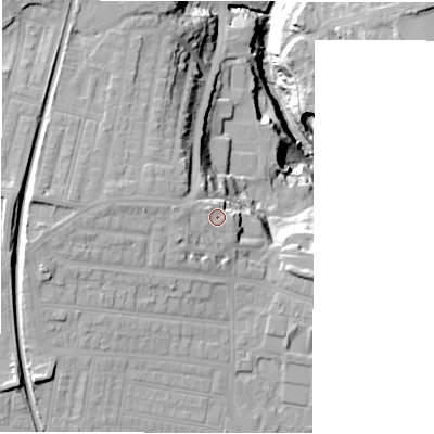 Shaded relief map of the ground around NE23AF, computed from Environment Agency LiDAR. The ground here sits at about 62 m above sea level and falls 33 m across the surrounding 800 m. Surface water reaching this point runs off ground lying to the west-north-west, 4.3 m higher.