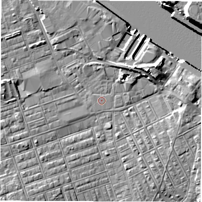 Shaded relief map of the ground around NE241AH, computed from Environment Agency LiDAR. The ground here sits at about 3 m above sea level and falls 16 m across the surrounding 800 m. Surface water reaching this point runs off ground lying to the north-east, 8.0 m higher.