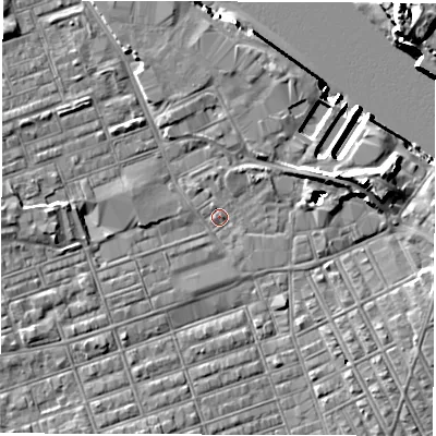 Shaded relief map of the ground around NE241AX, computed from Environment Agency LiDAR. The ground here sits at about 3 m above sea level and falls 16 m across the surrounding 800 m. Surface water reaching this point runs off ground lying to the east-north-east, 3.6 m higher.