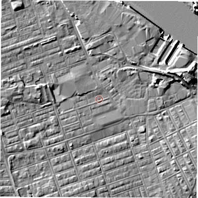 Shaded relief map of the ground around NE241BD, computed from Environment Agency LiDAR. The ground here sits at about 3 m above sea level and falls 14 m across the surrounding 800 m. Surface water reaching this point runs off ground lying to the west-south-west, 4.0 m higher.