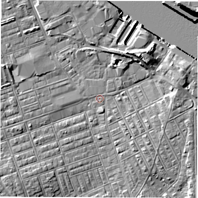 Shaded relief map of the ground around NE241BL, computed from Environment Agency LiDAR. The ground here sits at about 3 m above sea level and falls 16 m across the surrounding 800 m. Surface water reaching this point runs off ground lying to the north-east, 8.0 m higher.
