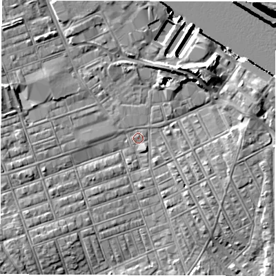 Shaded relief map of the ground around NE241BN, computed from Environment Agency LiDAR. The ground here sits at about 3 m above sea level and falls 15 m across the surrounding 800 m. Surface water reaching this point runs off ground lying to the south-west, 1.1 m higher.