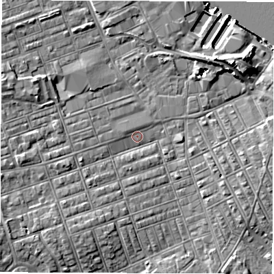 Shaded relief map of the ground around NE241BW, computed from Environment Agency LiDAR. The ground here sits at about 3 m above sea level and falls 14 m across the surrounding 800 m. Surface water reaching this point runs off ground lying to the north-east, 6.3 m higher.