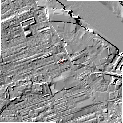 Shaded relief map of the ground around NE241HA, computed from Environment Agency LiDAR. The ground here sits at about 4 m above sea level and falls 17 m across the surrounding 800 m. Surface water reaching this point runs off ground lying to the west-south-west, 4.5 m higher.