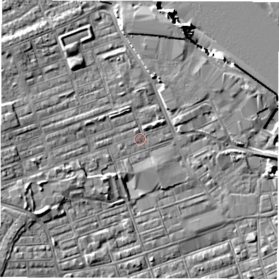 Shaded relief map of the ground around NE241HB, computed from Environment Agency LiDAR. The ground here sits at about 4 m above sea level and falls 11 m across the surrounding 800 m. Surface water reaching this point runs off ground lying to the west-south-west, 4.1 m higher.
