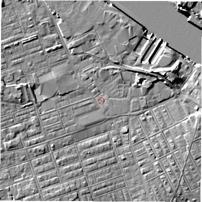 Shaded relief map of the ground around NE241LB, computed from Environment Agency LiDAR. The ground here sits at about 3 m above sea level and falls 15 m across the surrounding 800 m. Surface water reaching this point runs off ground lying to the east-north-east, 8.0 m higher.