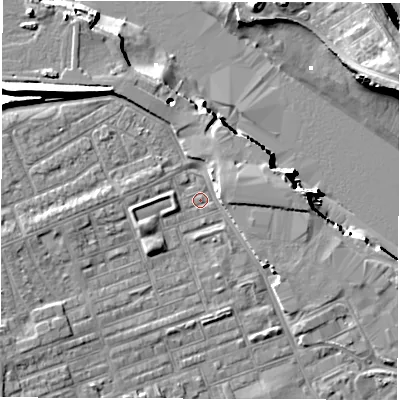 Shaded relief map of the ground around NE241LD, computed from Environment Agency LiDAR. The ground here sits at about 4 m above sea level and falls 13 m across the surrounding 800 m. Surface water reaching this point runs off ground lying to the west-south-west, 3.4 m higher.