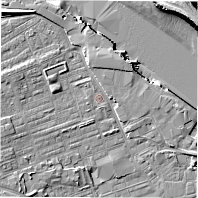 Shaded relief map of the ground around NE241LL, computed from Environment Agency LiDAR. The ground here sits at about 4 m above sea level and falls 14 m across the surrounding 800 m. Surface water reaching this point runs off ground lying to the north-west, 7.8 m higher.
