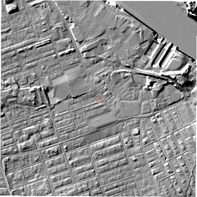 Shaded relief map of the ground around NE241LQ, computed from Environment Agency LiDAR. The ground here sits at about 3 m above sea level and falls 14 m across the surrounding 800 m. Surface water reaching this point runs off ground lying to the west, 3.7 m higher.