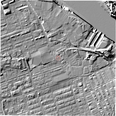 Shaded relief map of the ground around NE241LS, computed from Environment Agency LiDAR. The ground here sits at about 3 m above sea level and falls 16 m across the surrounding 800 m. Surface water reaching this point runs off ground lying to the west-south-west, 3.8 m higher.