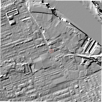 Shaded relief map of the ground around NE241LT, computed from Environment Agency LiDAR. The ground here sits at about 3 m above sea level and falls 18 m across the surrounding 800 m. Surface water reaching this point runs off ground lying to the west-south-west, 4.4 m higher.