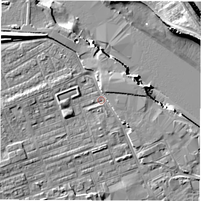 Shaded relief map of the ground around NE241LW, computed from Environment Agency LiDAR. The ground here sits at about 4 m above sea level and falls 14 m across the surrounding 800 m. Surface water reaching this point runs off ground lying to the north-west, 7.8 m higher.