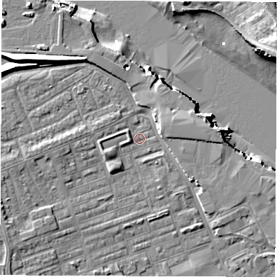 Shaded relief map of the ground around NE241NF, computed from Environment Agency LiDAR. The ground here sits at about 4 m above sea level and falls 13 m across the surrounding 800 m. Surface water reaching this point runs off ground lying to the west-south-west, 3.5 m higher.