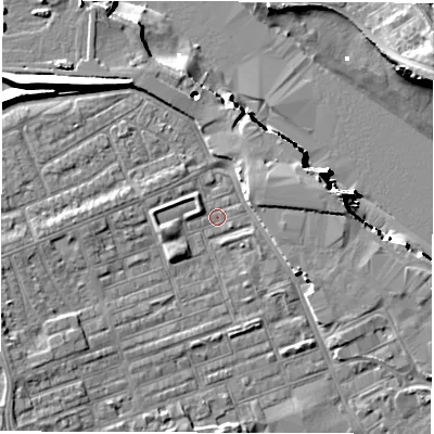 Shaded relief map of the ground around NE241NJ, computed from Environment Agency LiDAR. The ground here sits at about 4 m above sea level and falls 13 m across the surrounding 800 m. Surface water reaching this point runs off ground lying to the west-south-west, 3.4 m higher.