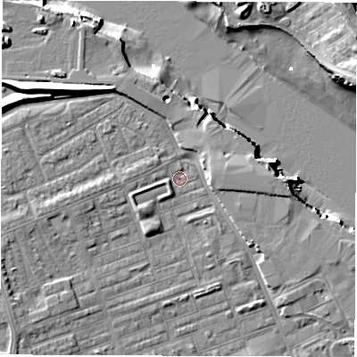 Shaded relief map of the ground around NE241NS, computed from Environment Agency LiDAR. The ground here sits at about 4 m above sea level and falls 13 m across the surrounding 800 m. Surface water reaching this point runs off ground lying to the south-west, 3.7 m higher.