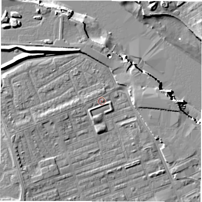 Shaded relief map of the ground around NE241NU, computed from Environment Agency LiDAR. The ground here sits at about 5 m above sea level and falls 13 m across the surrounding 800 m. Surface water reaching this point runs off ground lying to the south-west, 2.0 m higher.