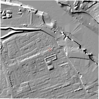 Shaded relief map of the ground around NE241NX, computed from Environment Agency LiDAR. The ground here sits at about 4 m above sea level and falls 13 m across the surrounding 800 m. Surface water reaching this point runs off ground lying to the west-south-west, 1.3 m higher.