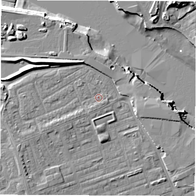 Shaded relief map of the ground around NE241PD, computed from Environment Agency LiDAR. The ground here sits at about 4 m above sea level and falls 13 m across the surrounding 800 m. Surface water reaching this point runs off ground lying to the west-south-west, 3.7 m higher.