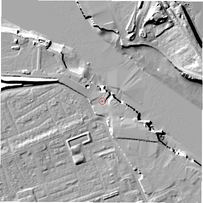 Shaded relief map of the ground around NE241PX, computed from Environment Agency LiDAR. The ground here sits at about 4 m above sea level and falls 13 m across the surrounding 800 m. Surface water reaching this point runs off ground lying to the west-north-west, 7.8 m higher.