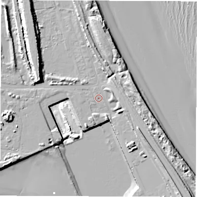 Shaded relief map of the ground around NE241QP, computed from Environment Agency LiDAR. The ground here sits at about 4 m above sea level and falls 25 m across the surrounding 800 m. Surface water reaching this point runs off ground lying to the east-south-east, 4.5 m higher.