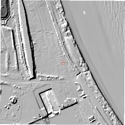 Shaded relief map of the ground around NE241QS, computed from Environment Agency LiDAR. The ground here sits at about 5 m above sea level and falls 29 m across the surrounding 800 m. Surface water reaching this point runs off ground lying to the north-north-east, 3.1 m higher.
