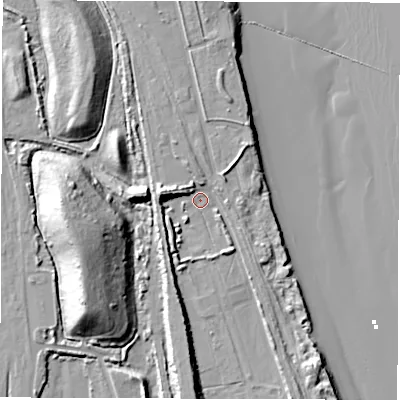 Shaded relief map of the ground around NE241RB, computed from Environment Agency LiDAR. The ground here sits at about 7 m above sea level and falls 26 m across the surrounding 800 m. Surface water reaching this point runs off ground lying to the west-north-west, 7.5 m higher.